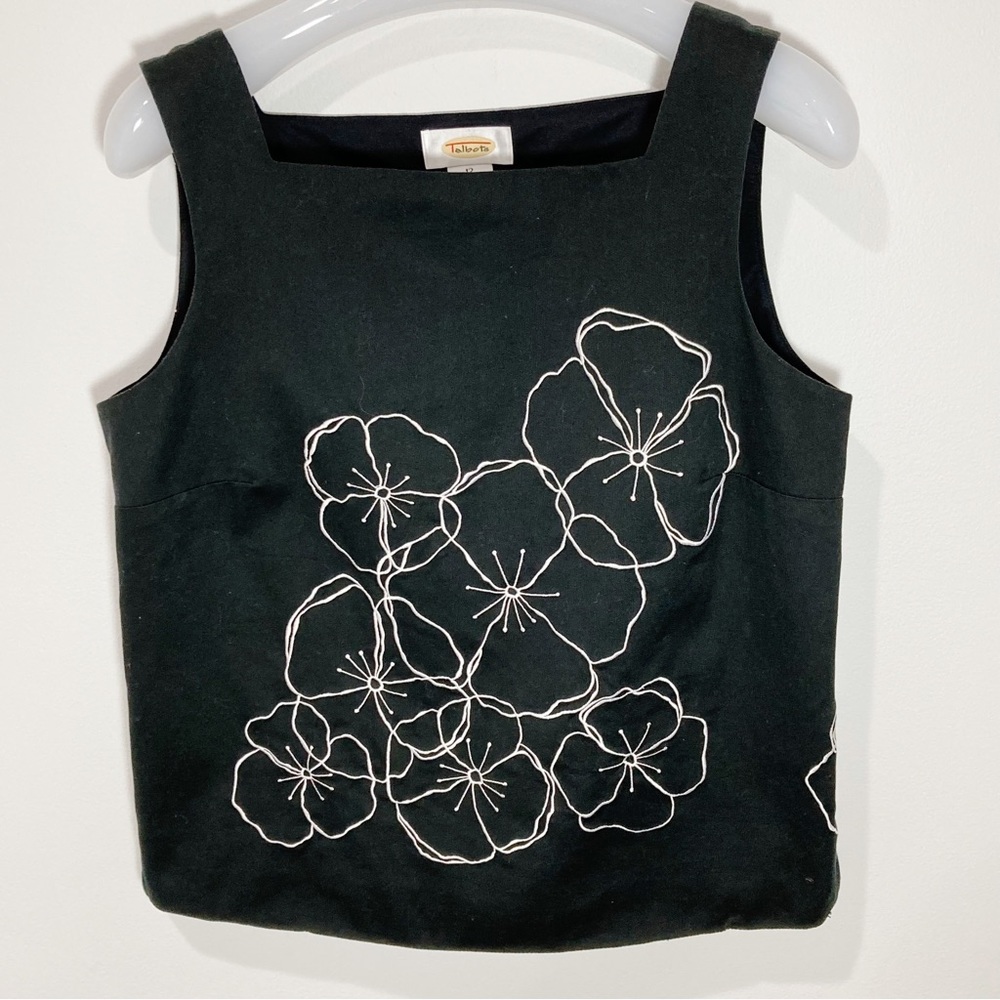 Talbots Black Tank Embroidered White Flowers NWOT